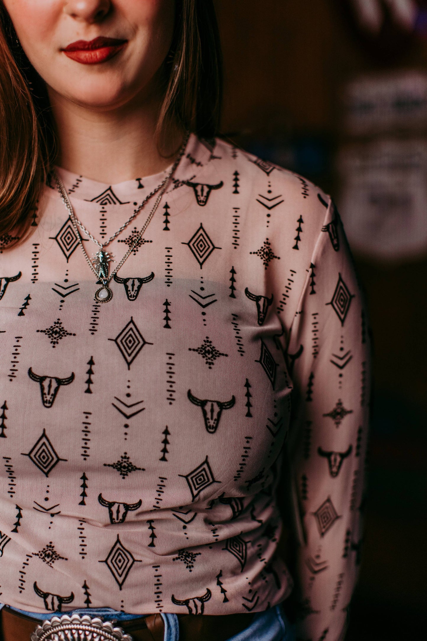 Western Aztec Print Mesh Top