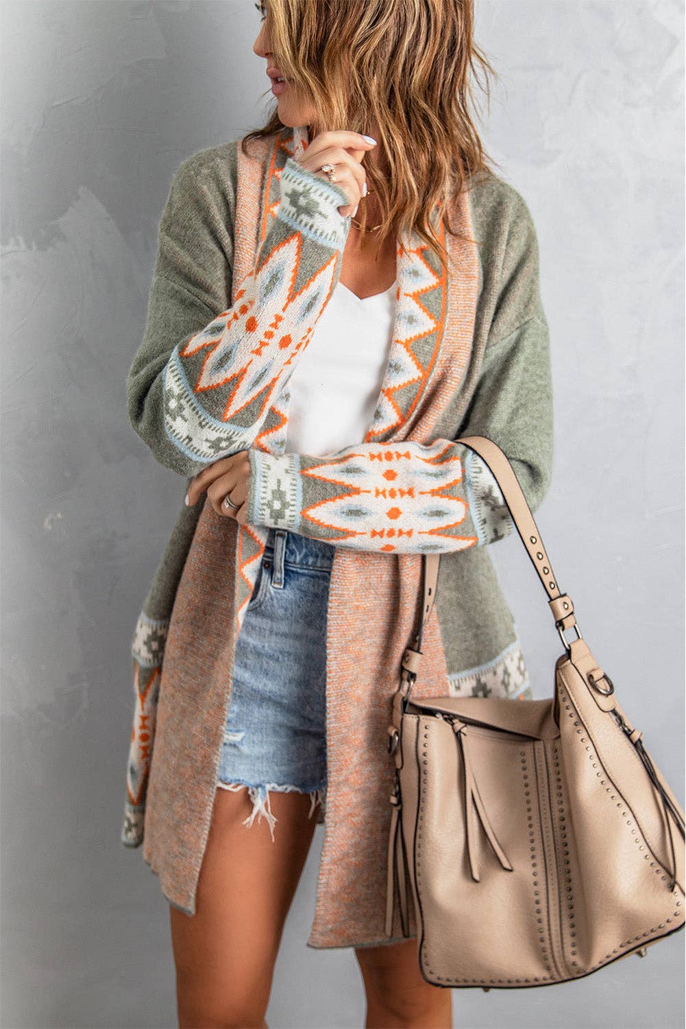 Casual Aztec Print Open Front Knitted Cardigan