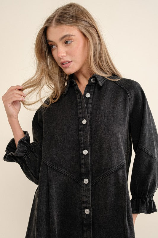 3/4 Sleeve Black Denim Dress