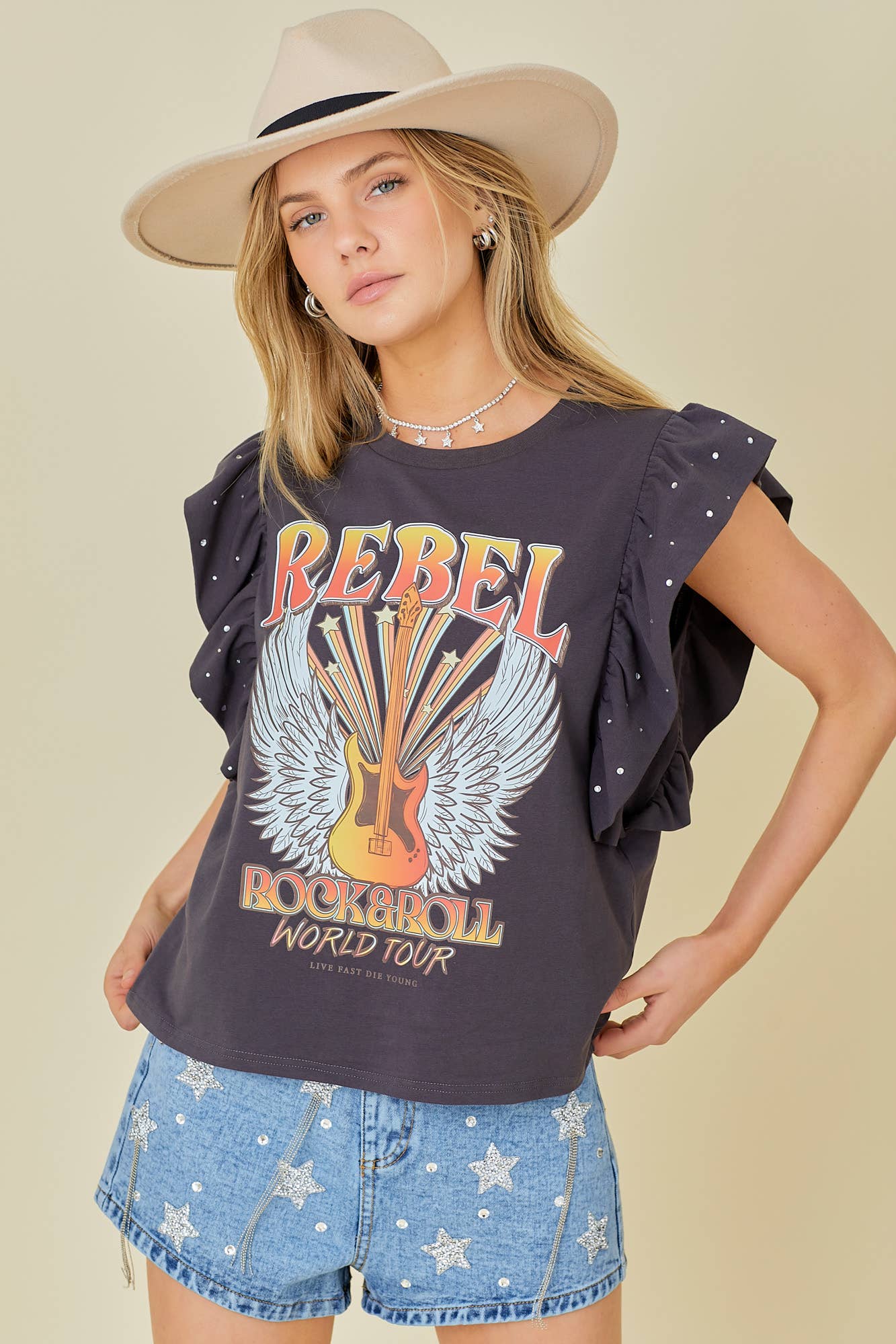 Rock n Roll Print Rhinestone Ruffle Top