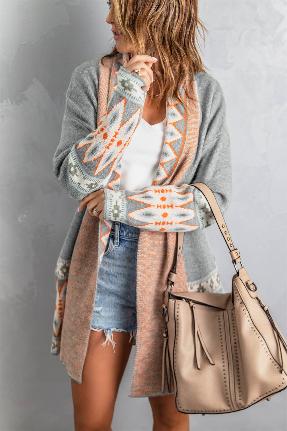 Casual Aztec Print Open Front Knitted Cardigan