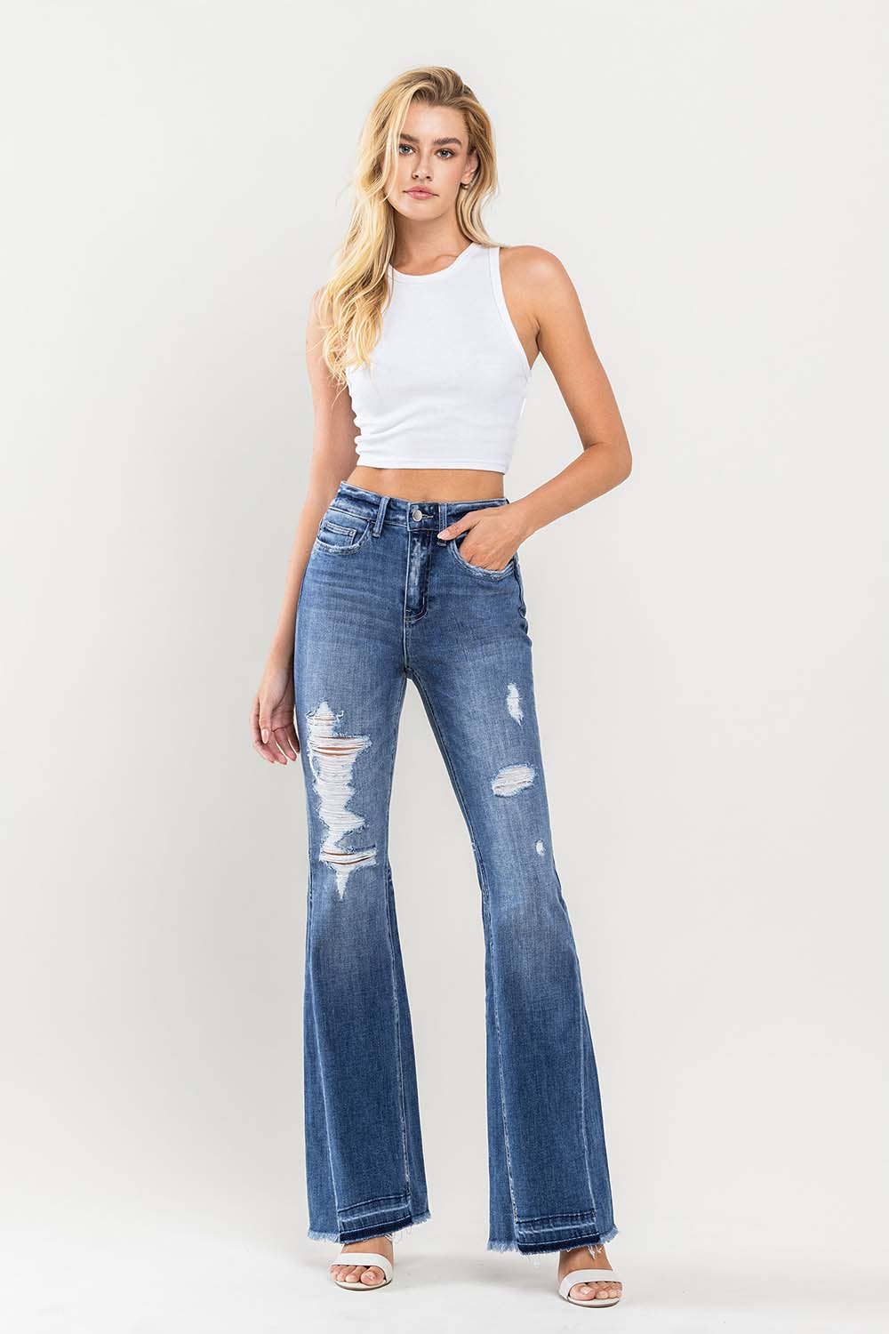 HIGH RISE DISTRESSED PANEL FLARE JEANS