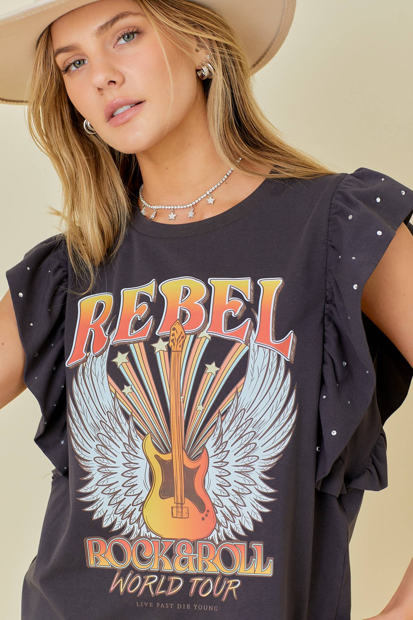 Rock n Roll Print Rhinestone Ruffle Top