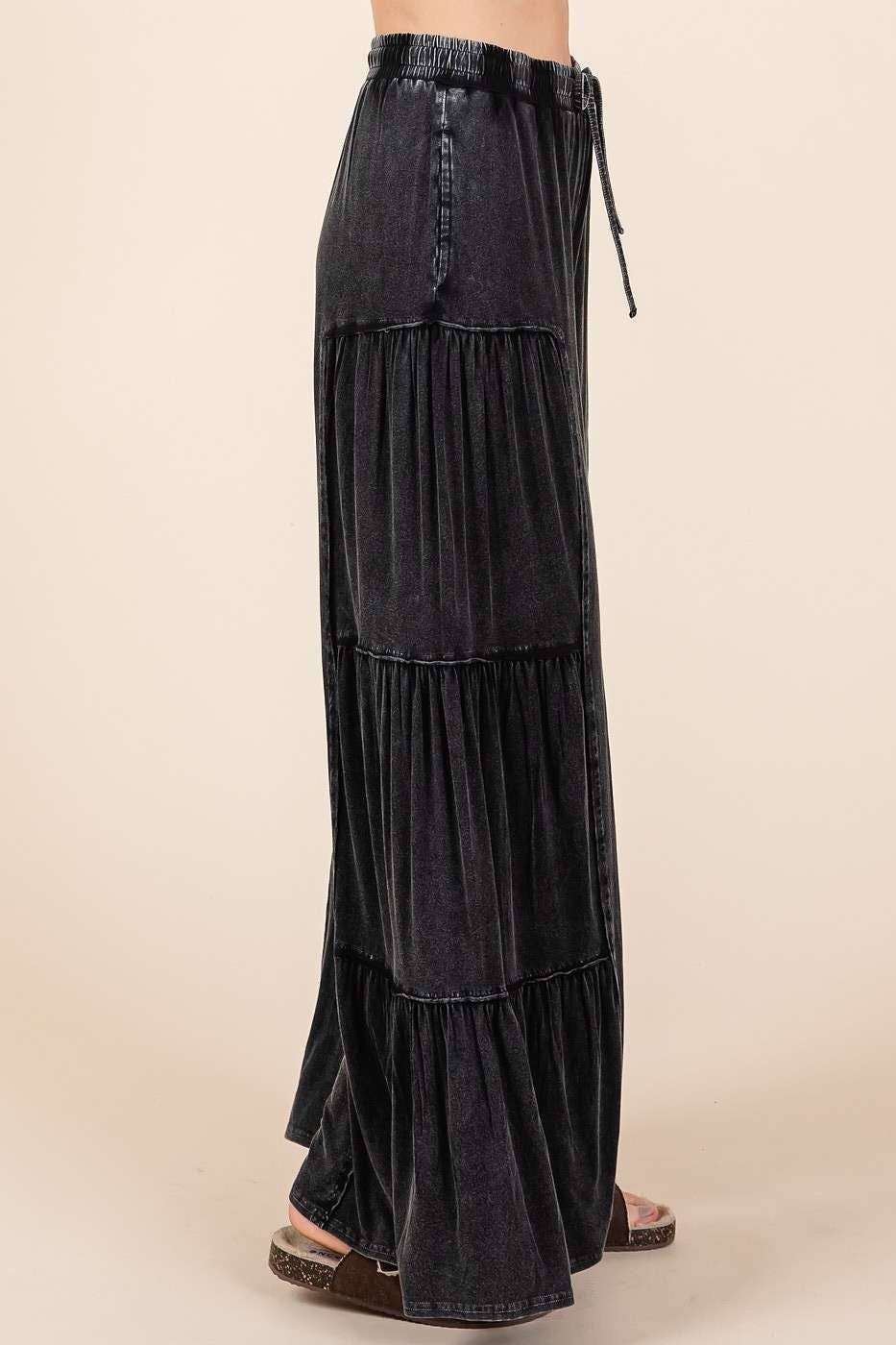 MINERAL WASH TIERED WIDE LEG PANTS