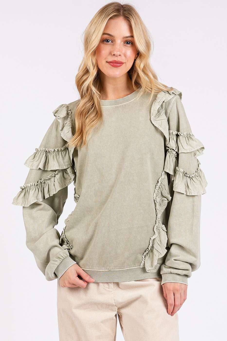 MINERAL WASHED RUFFLED LONG SLEEVE PULLOVER