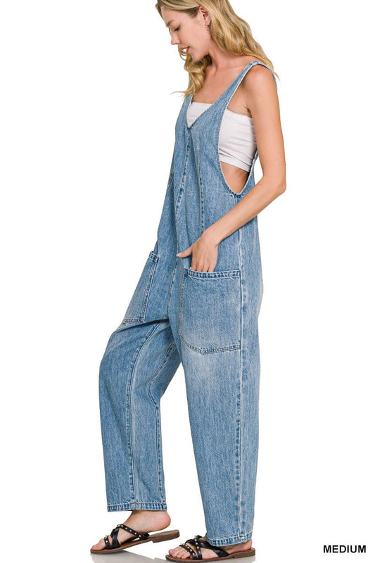 Denim Adjustable Strap Baggy Jumpsuit With Pockets