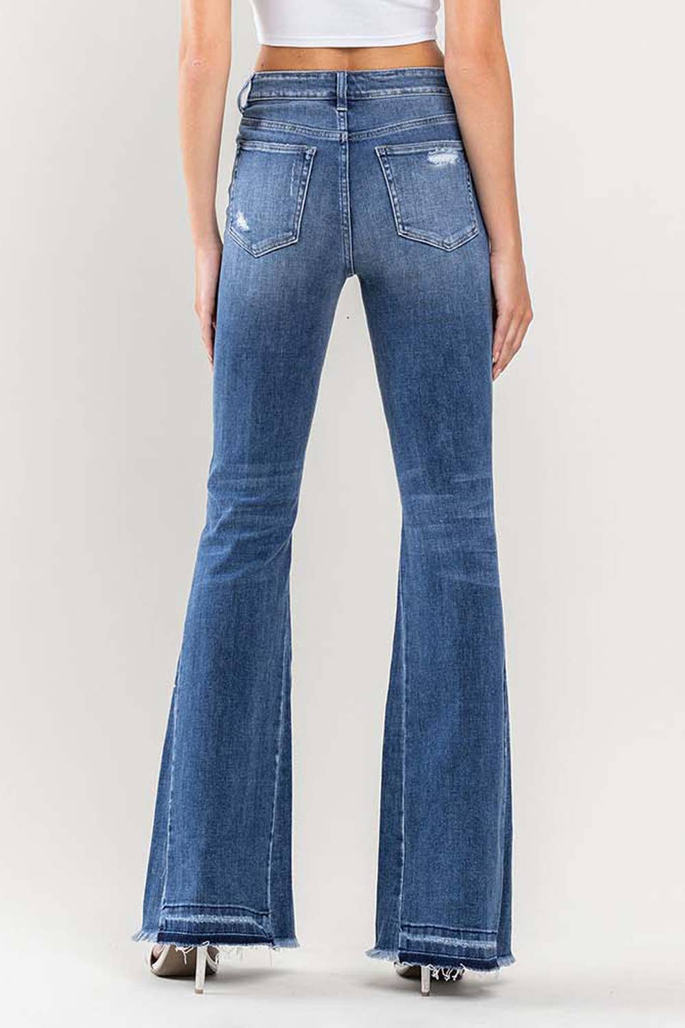 HIGH RISE DISTRESSED PANEL FLARE JEANS