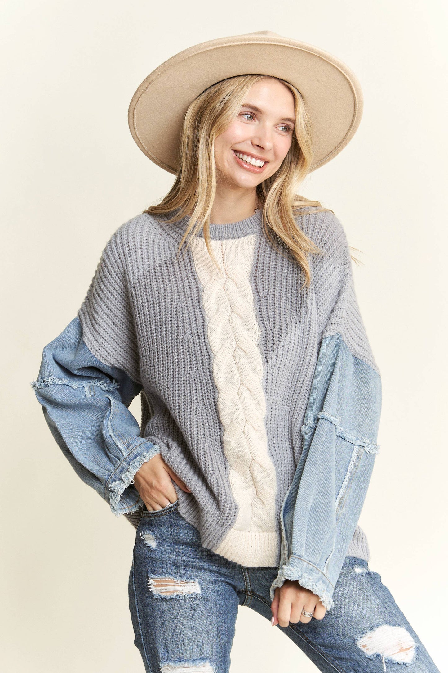 Frayed Denim Colourblock Sweater