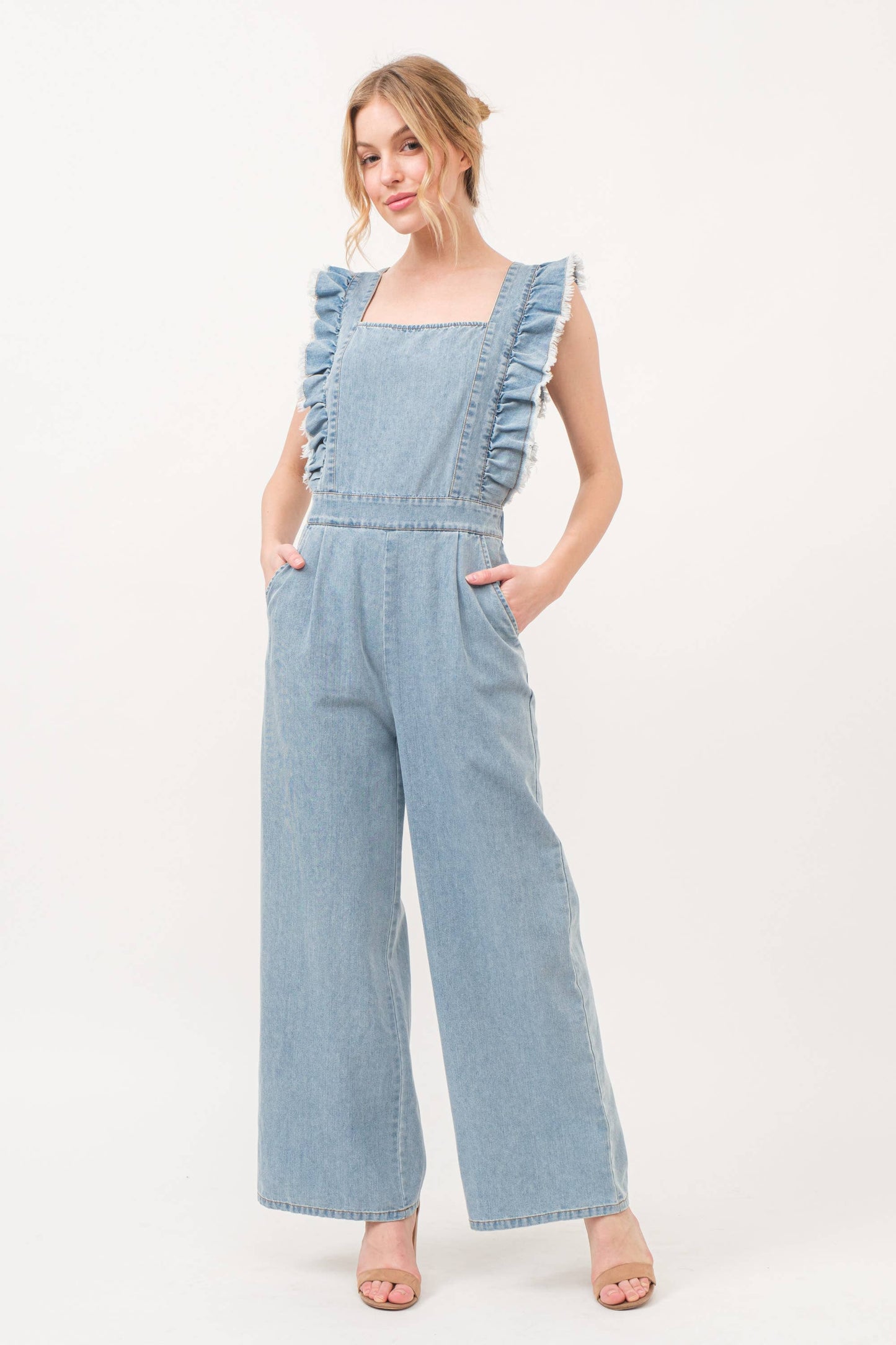 Frayed Ruffled Smocked Back Denim Jumpsuit