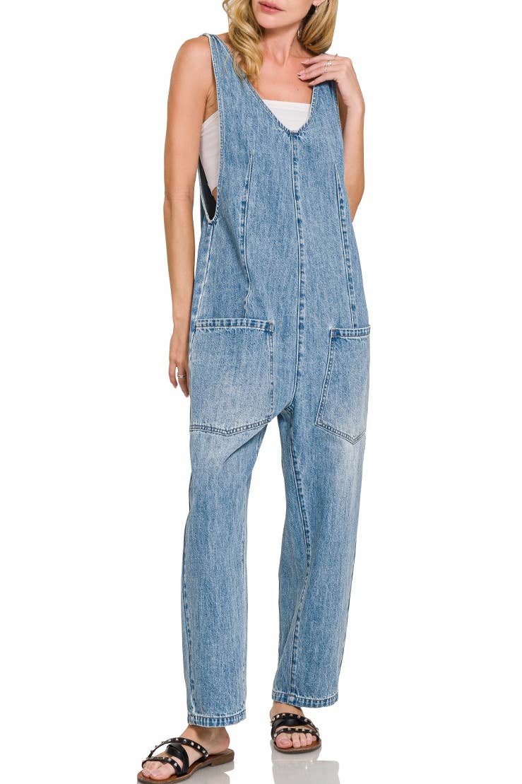 Denim Adjustable Strap Baggy Jumpsuit With Pockets