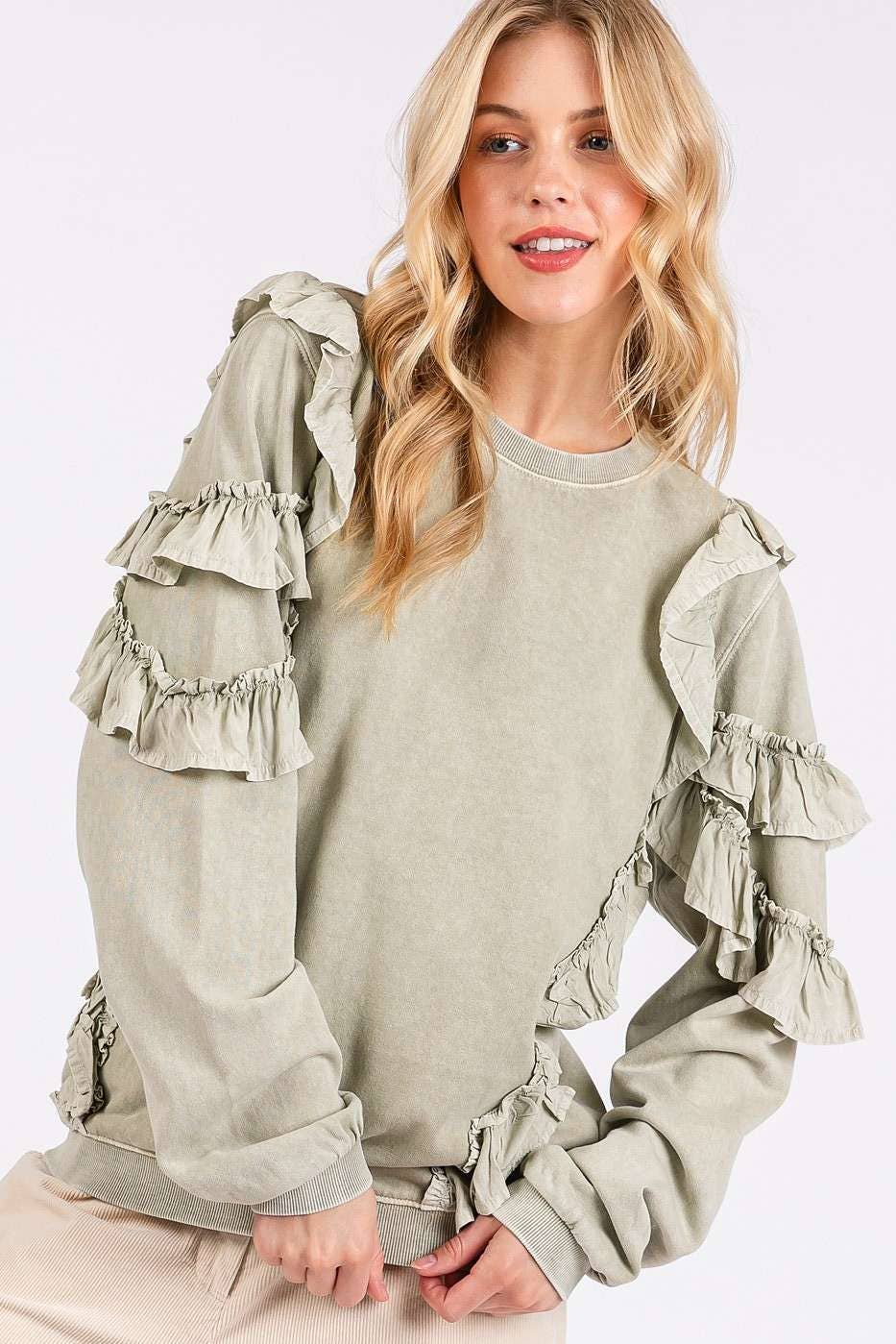 MINERAL WASHED RUFFLED LONG SLEEVE PULLOVER