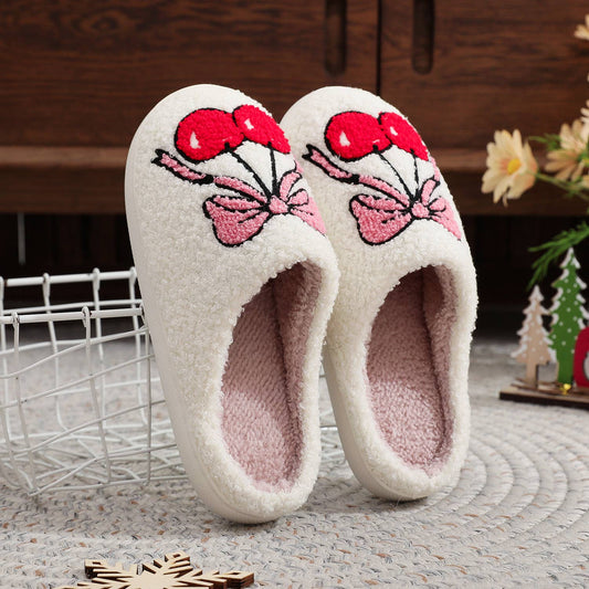 Christmas Bownot Cherry Plush Home Slippers