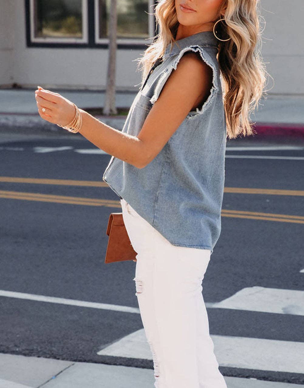 Frayed Ruffle Sleeve Denim Shirt: