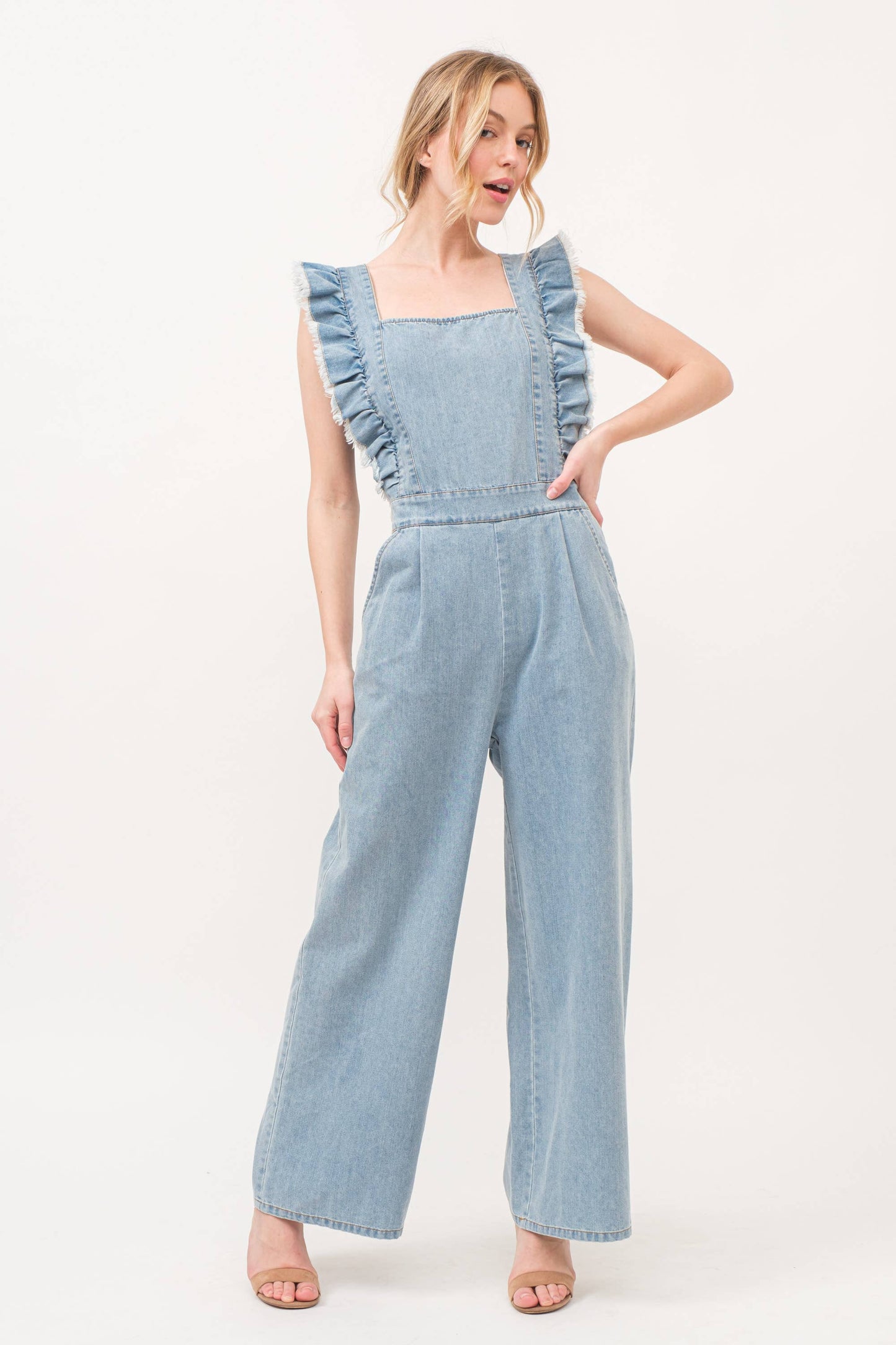 Frayed Ruffled Smocked Back Denim Jumpsuit