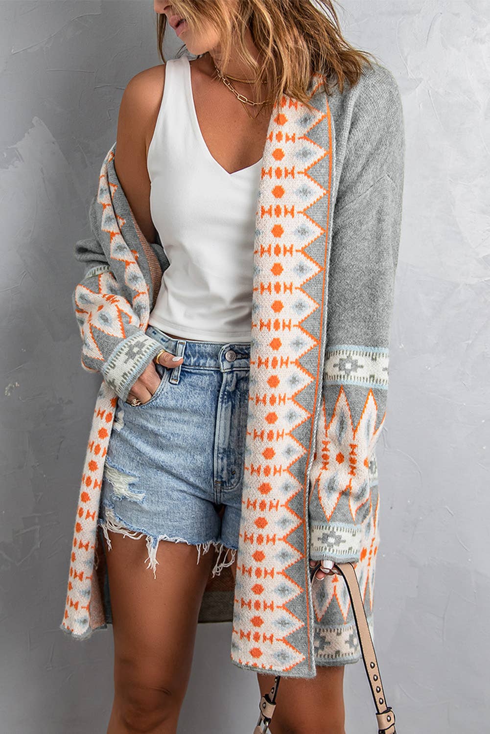 Casual Aztec Print Open Front Knitted Cardigan