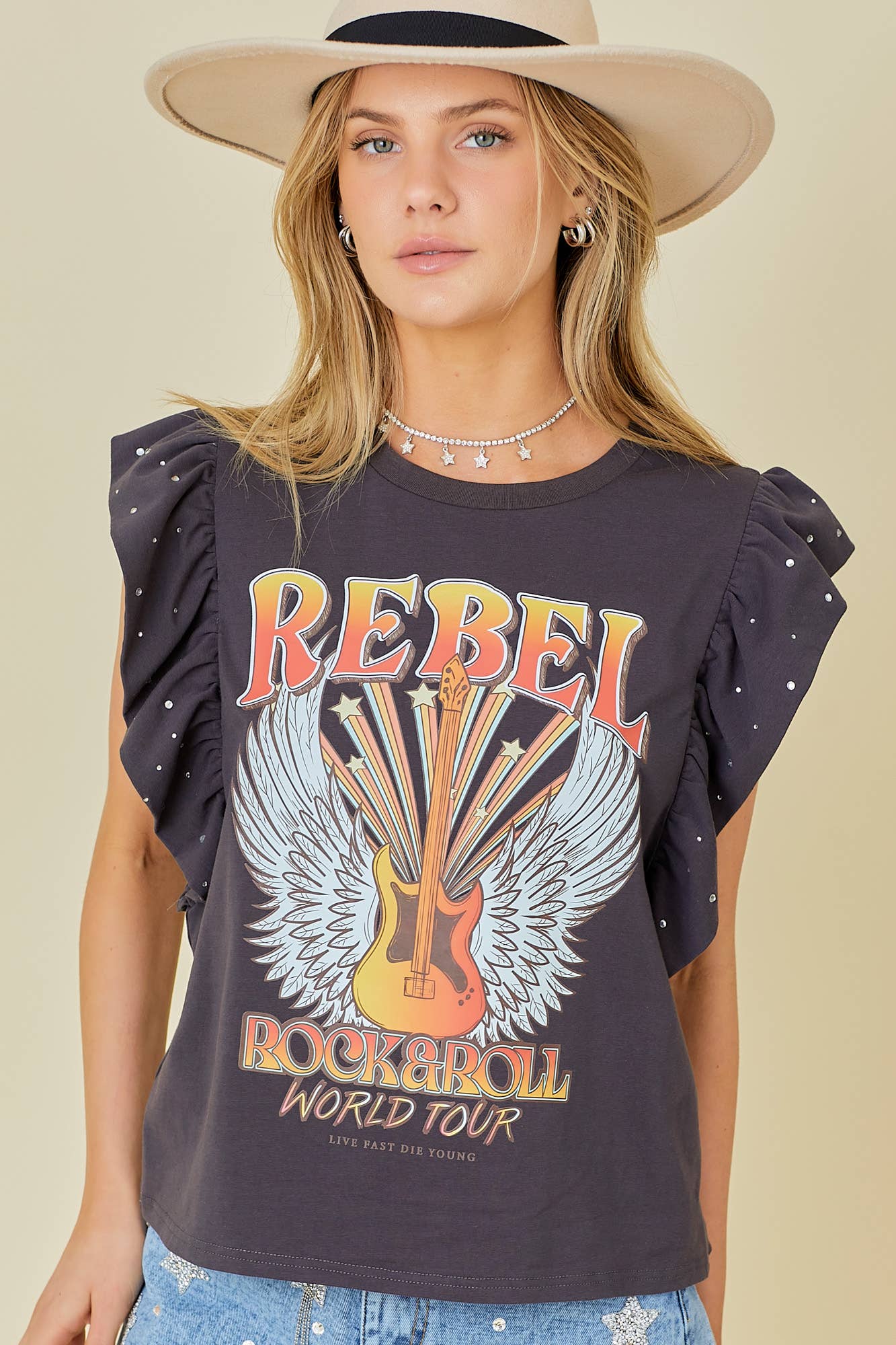 Rock n Roll Print Rhinestone Ruffle Top