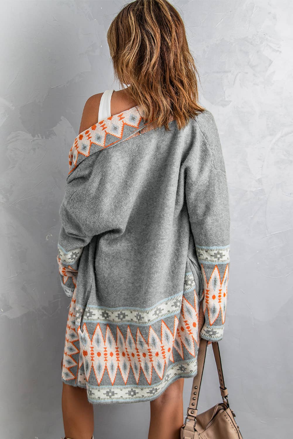 Casual Aztec Print Open Front Knitted Cardigan