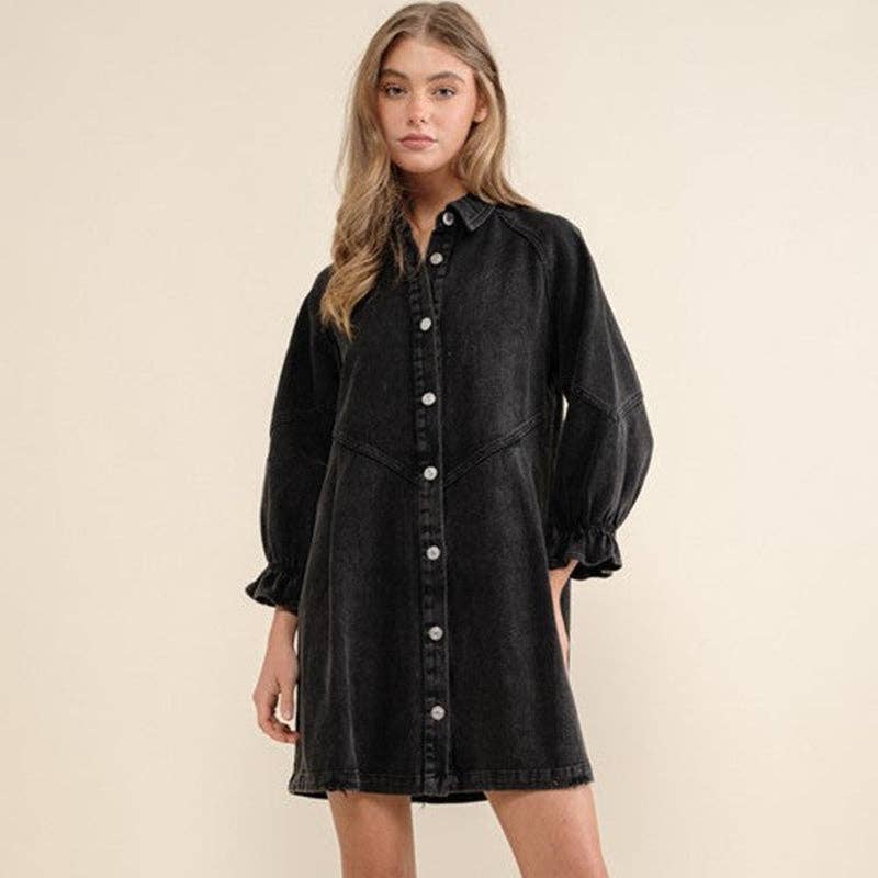 3/4 Sleeve Black Denim Dress