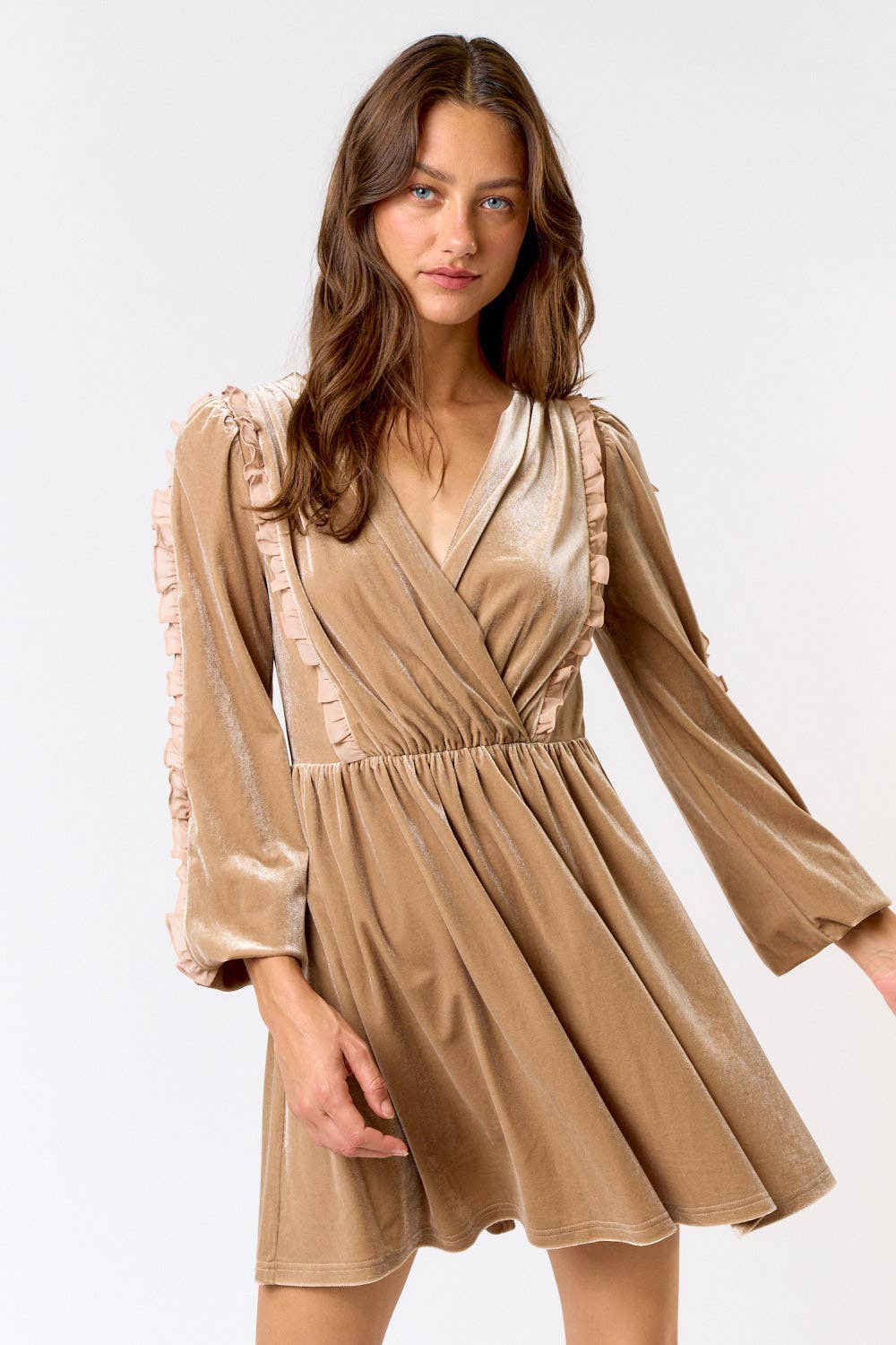 VELVET SHEER RUFFLE TRIM MINI DRESS - CHAMPAGNE