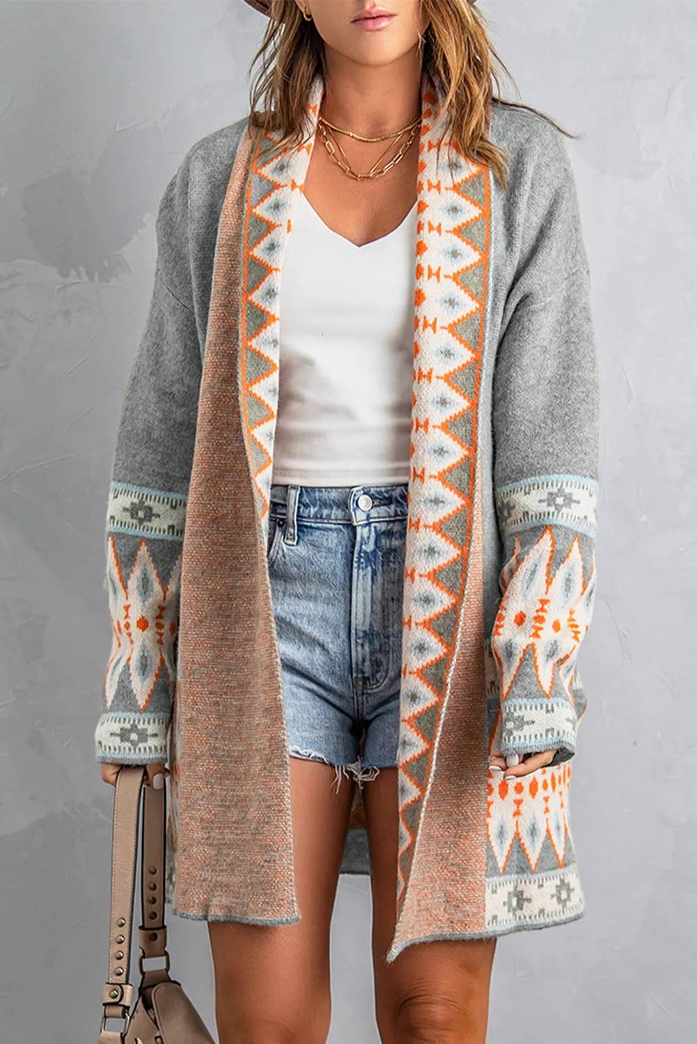 Casual Aztec Print Open Front Knitted Cardigan