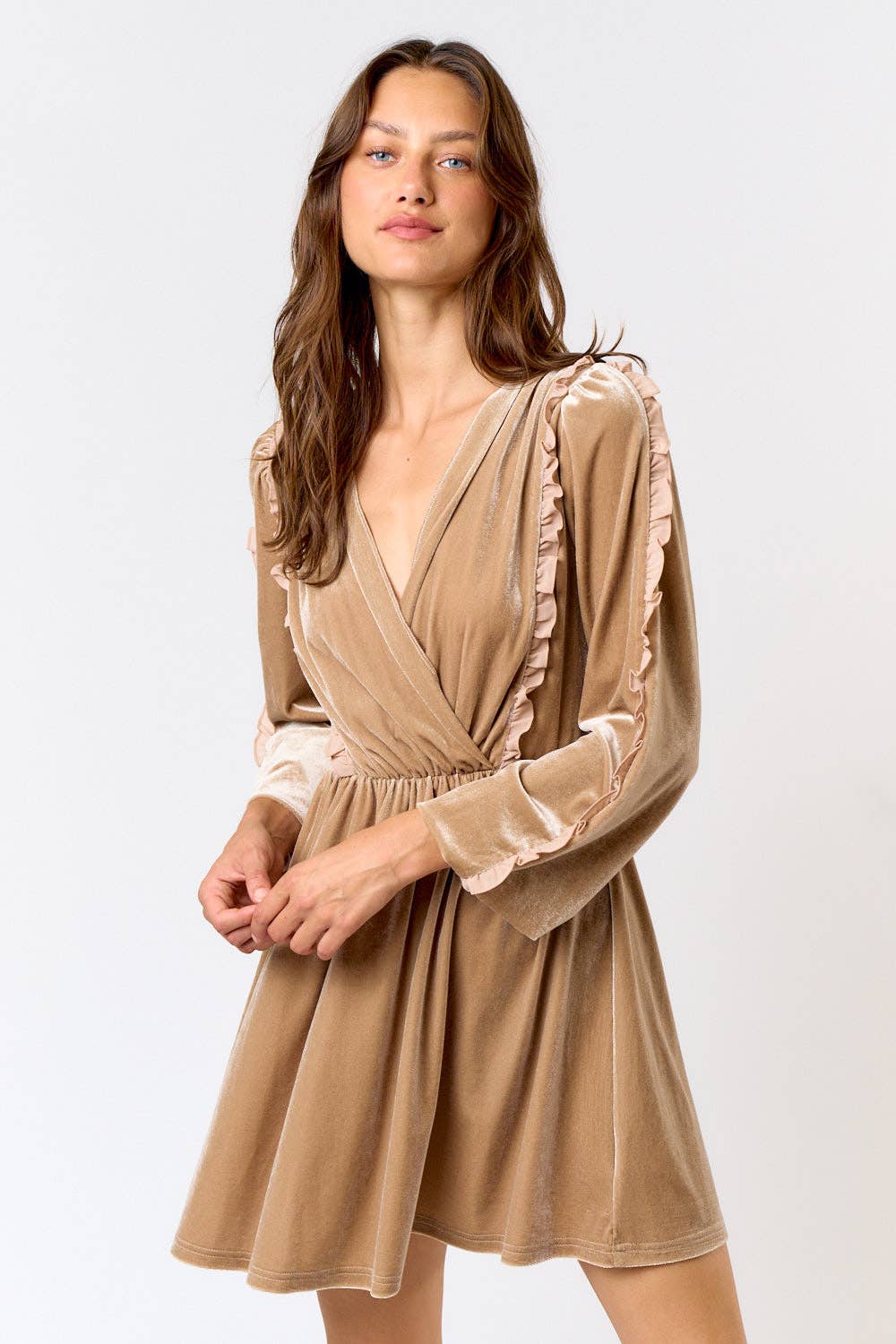 VELVET SHEER RUFFLE TRIM MINI DRESS - CHAMPAGNE