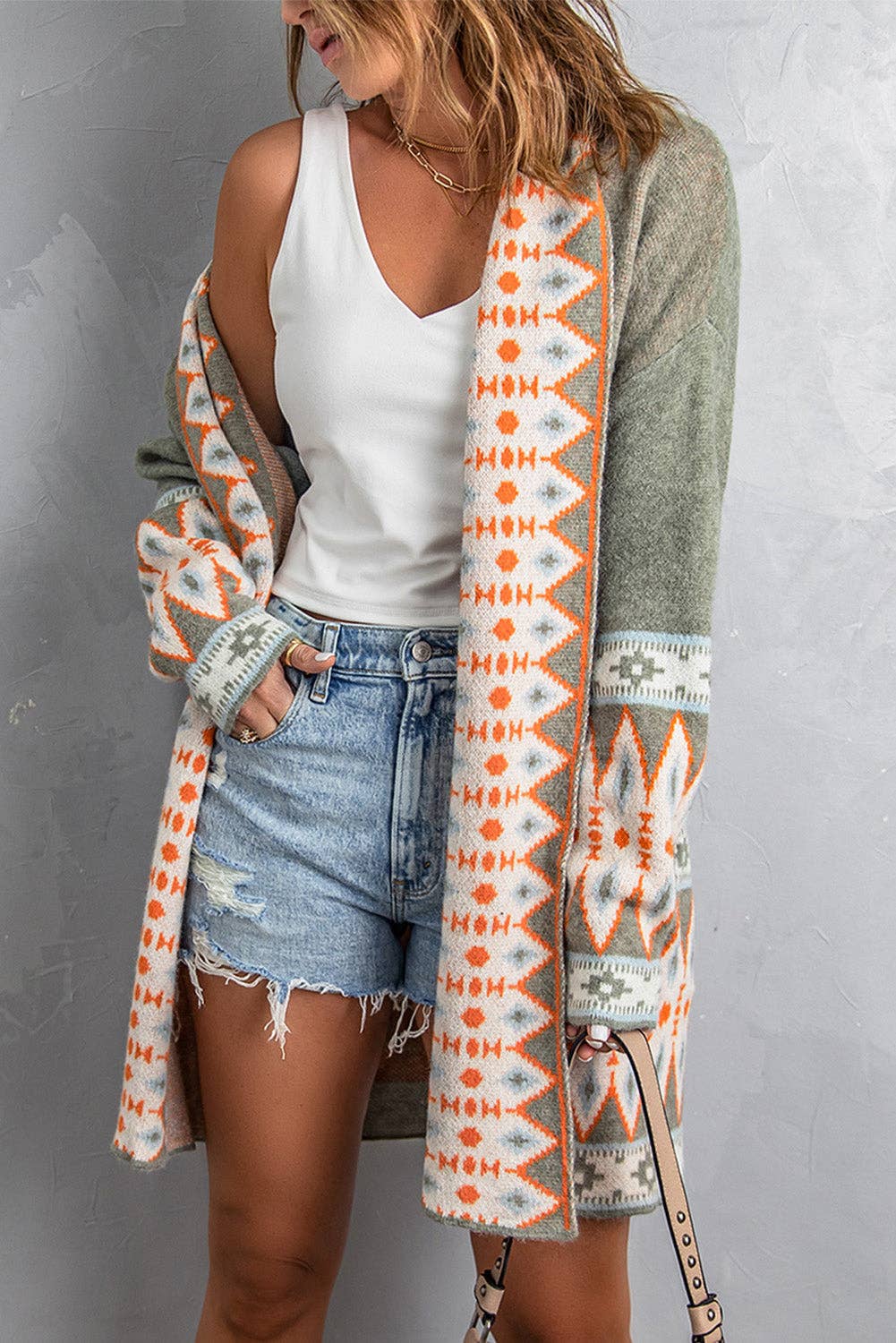 Casual Aztec Print Open Front Knitted Cardigan