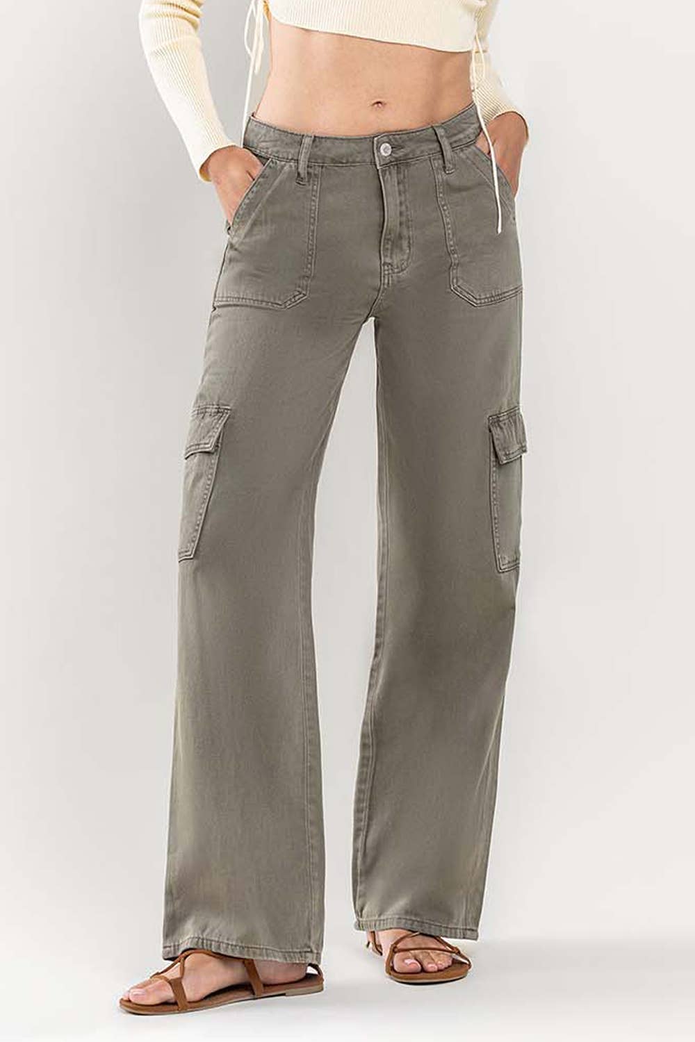 HIGH RISE UTILITY CARGO WIDE JEANS  SMOKEY OLIVE