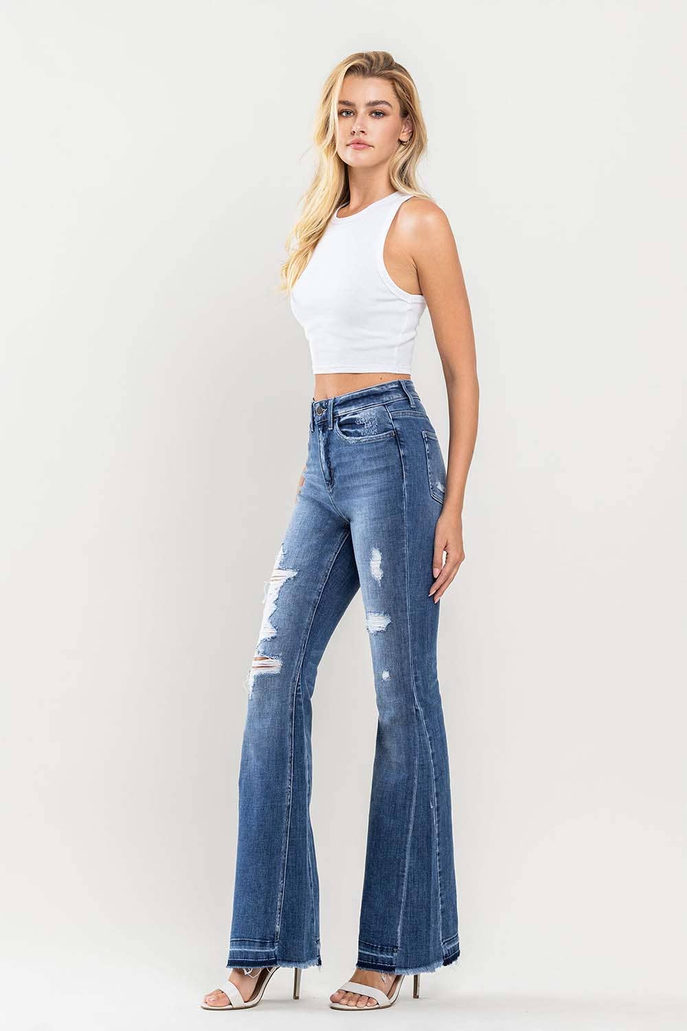 HIGH RISE DISTRESSED PANEL FLARE JEANS