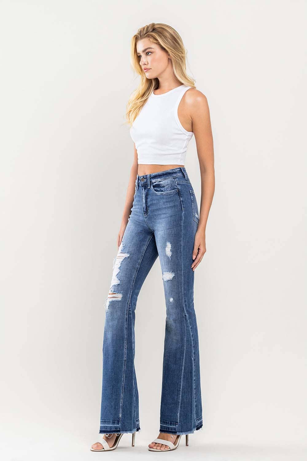 HIGH RISE DISTRESSED PANEL FLARE JEANS