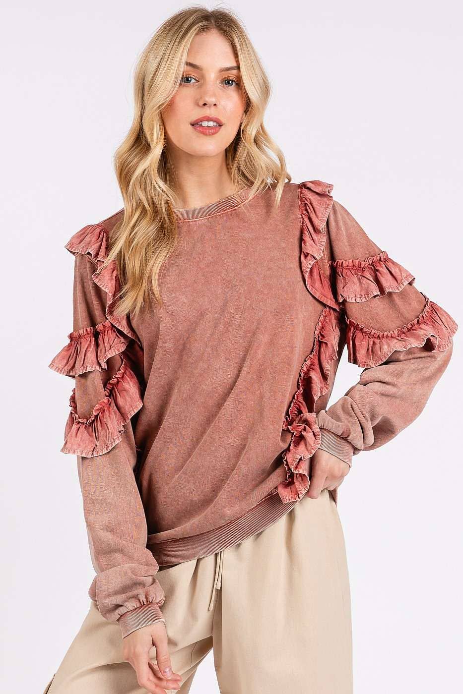 MINERAL WASHED RUFFLED LONG SLEEVE PULLOVER