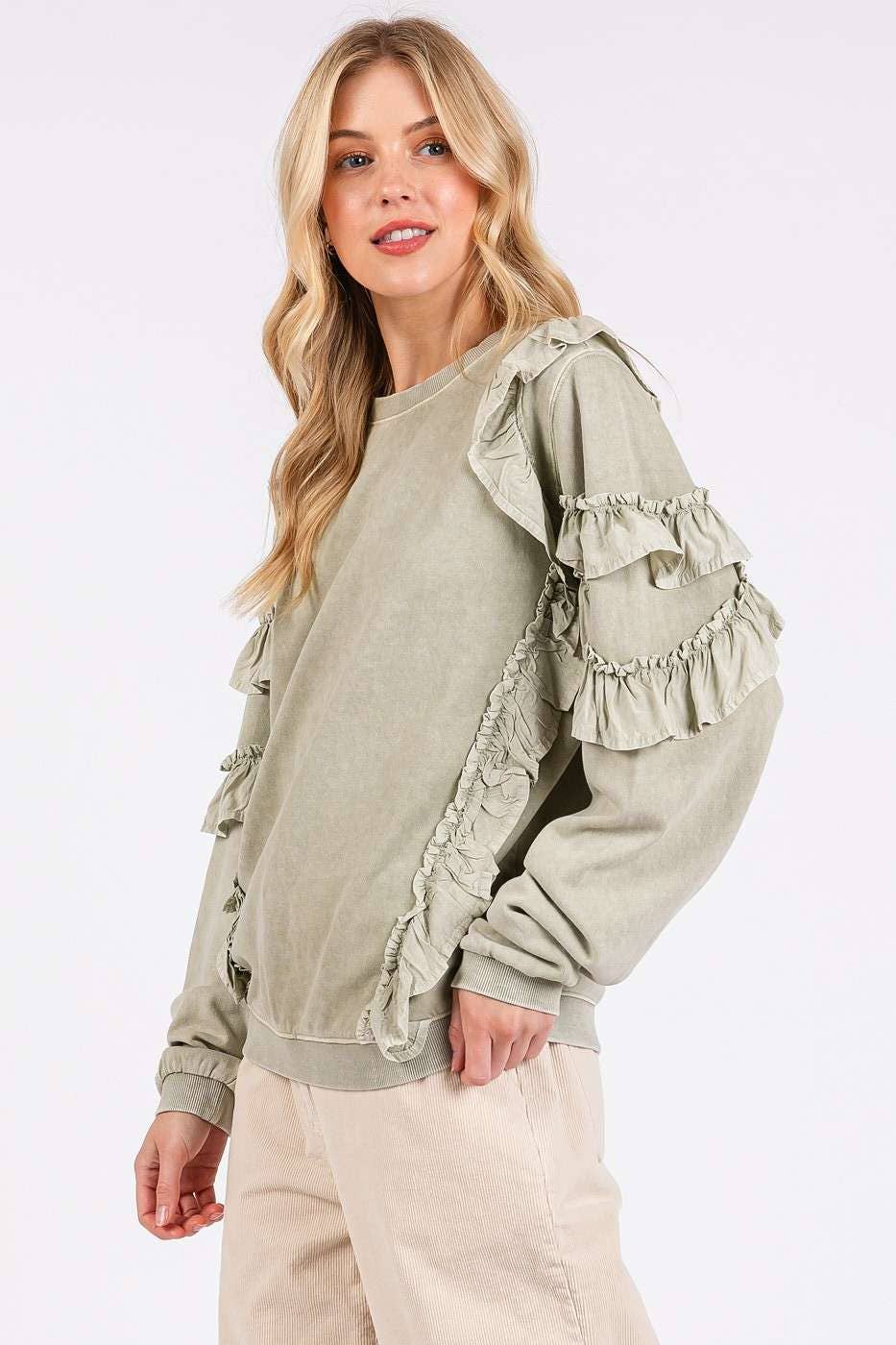 MINERAL WASHED RUFFLED LONG SLEEVE PULLOVER