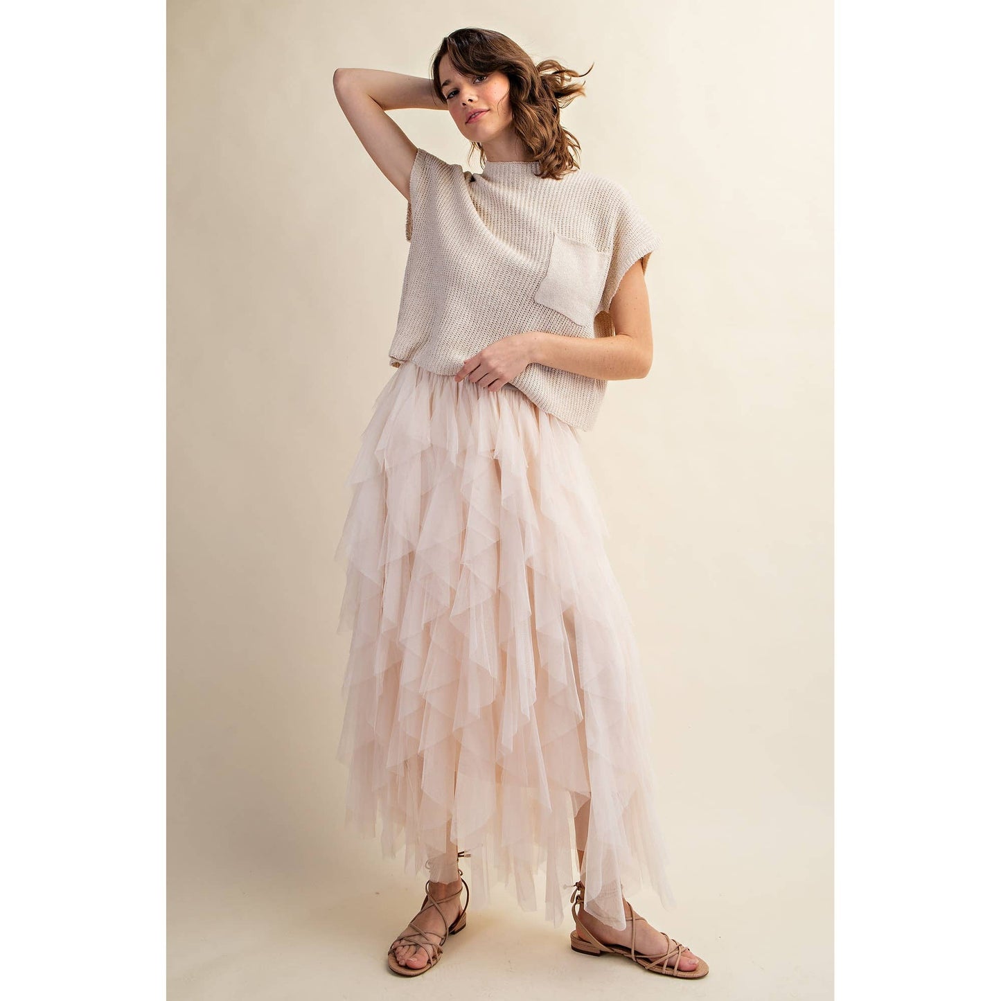 CREAM CASCADING TULLE MESH LAYERED MAX SKIRT