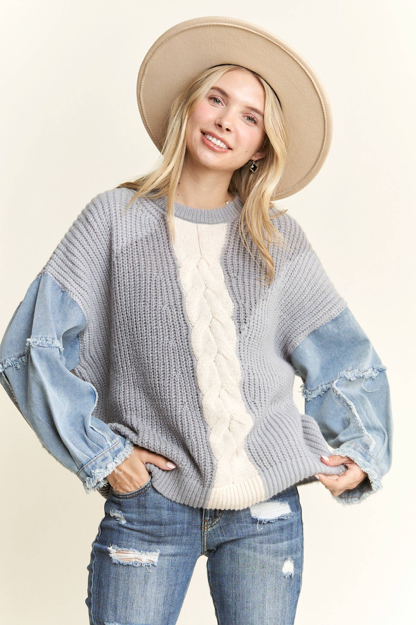 Frayed Denim Colourblock Sweater