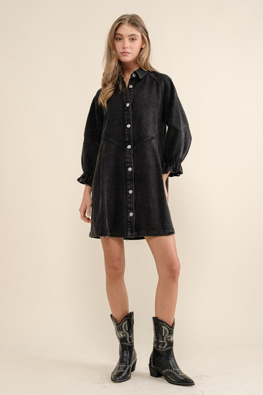 3/4 Sleeve Black Denim Dress