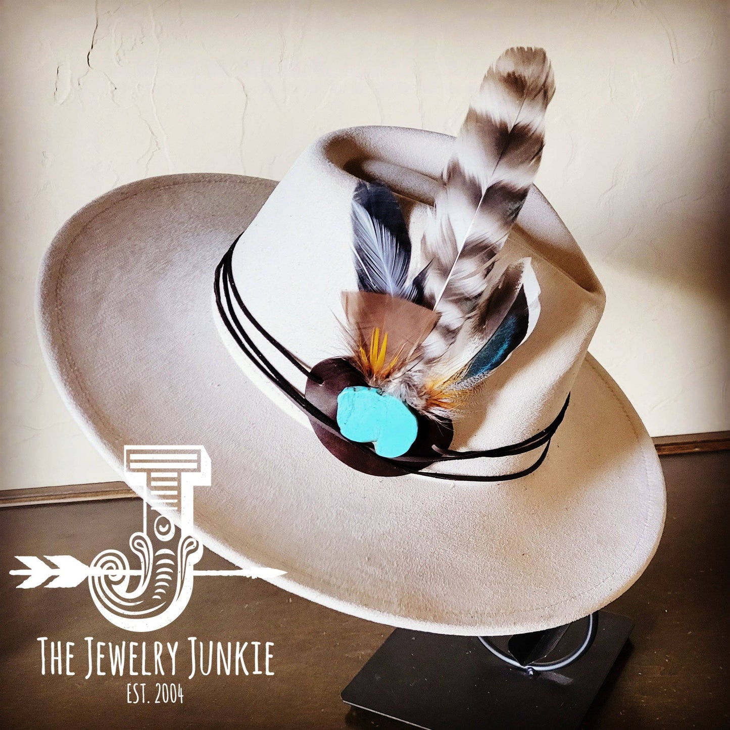 Boho Western Hat Turquoise Hat Accent-Bone 981c: White Turquoise and Blue Feather