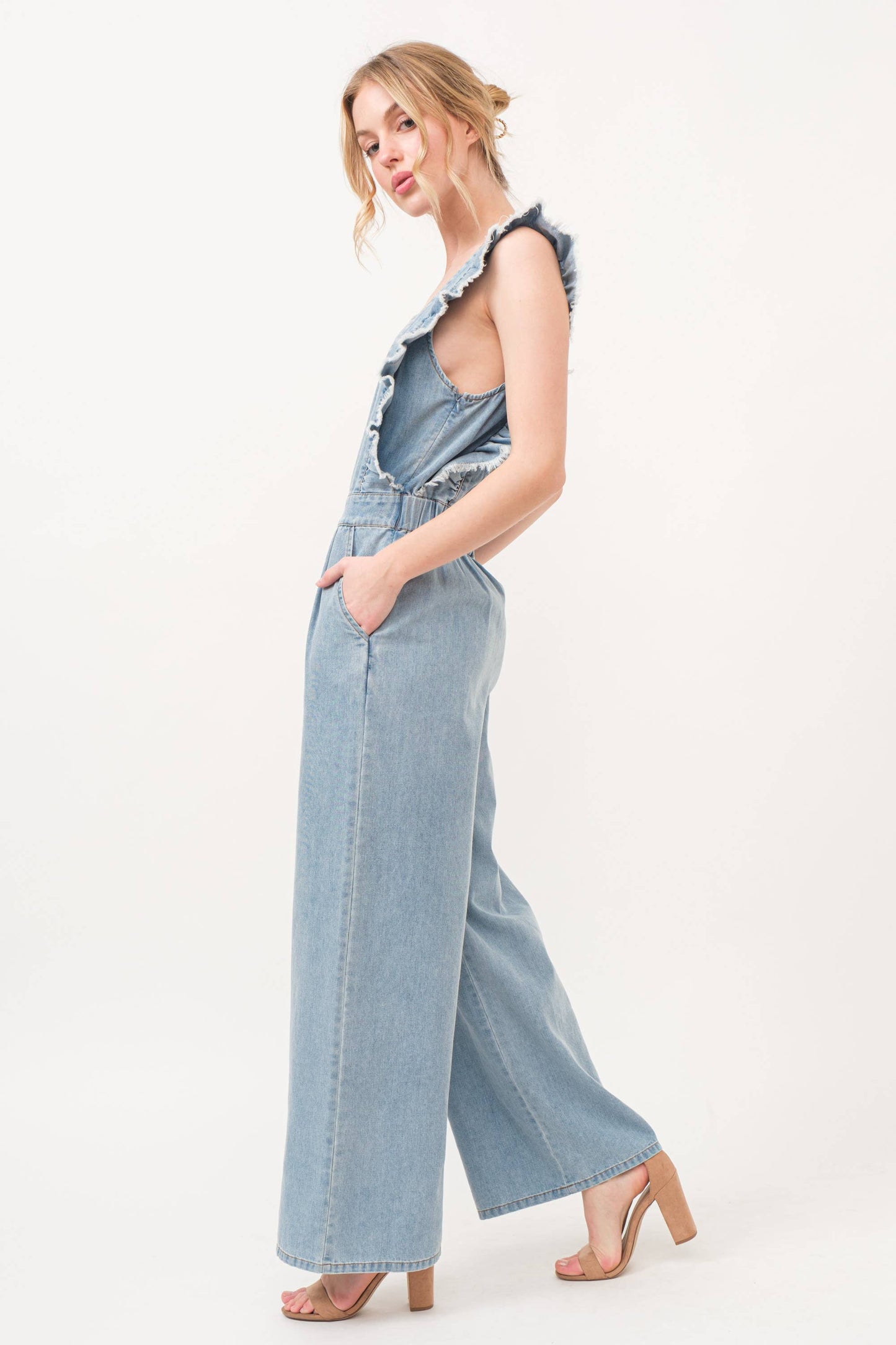 Frayed Ruffled Smocked Back Denim Jumpsuit