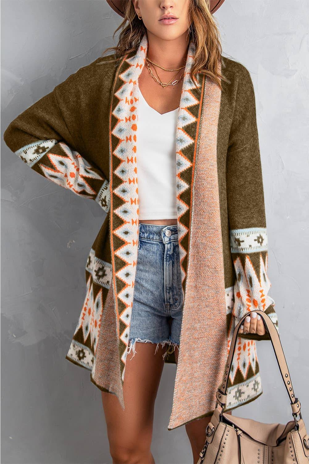 Casual Aztec Print Open Front Knitted Cardigan