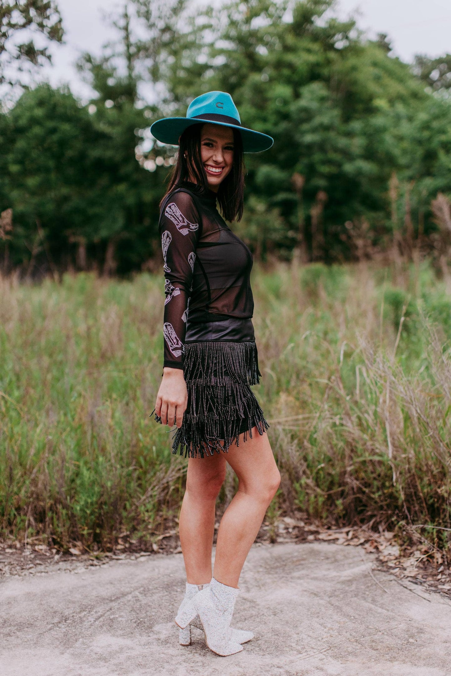 Black Rhinestone Western Boot Embellished Mesh LS Top