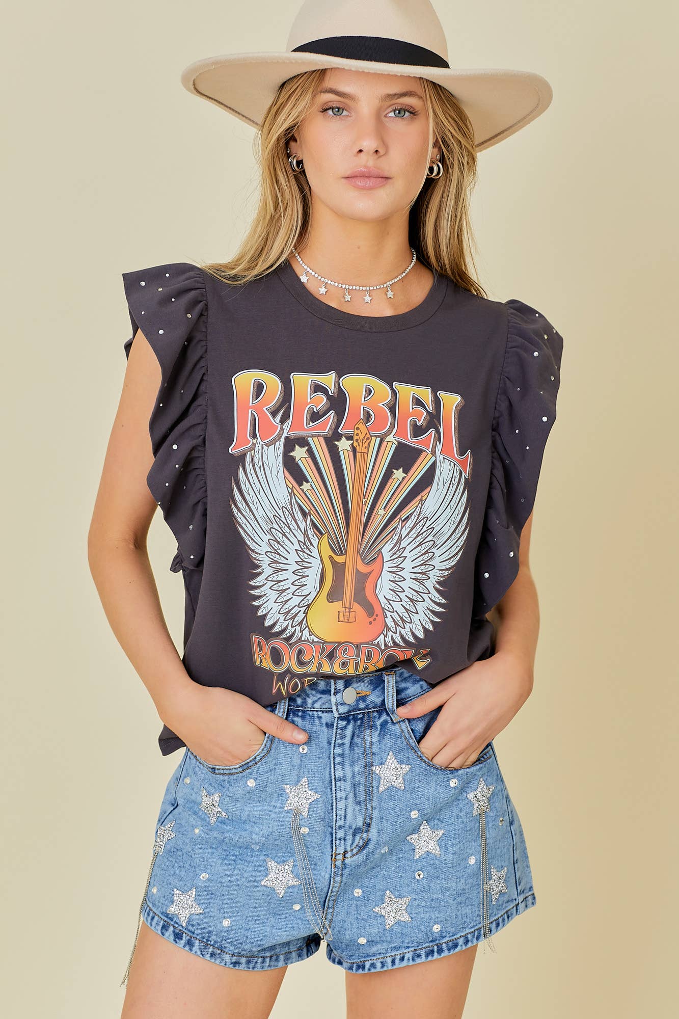 Rock n Roll Print Rhinestone Ruffle Top