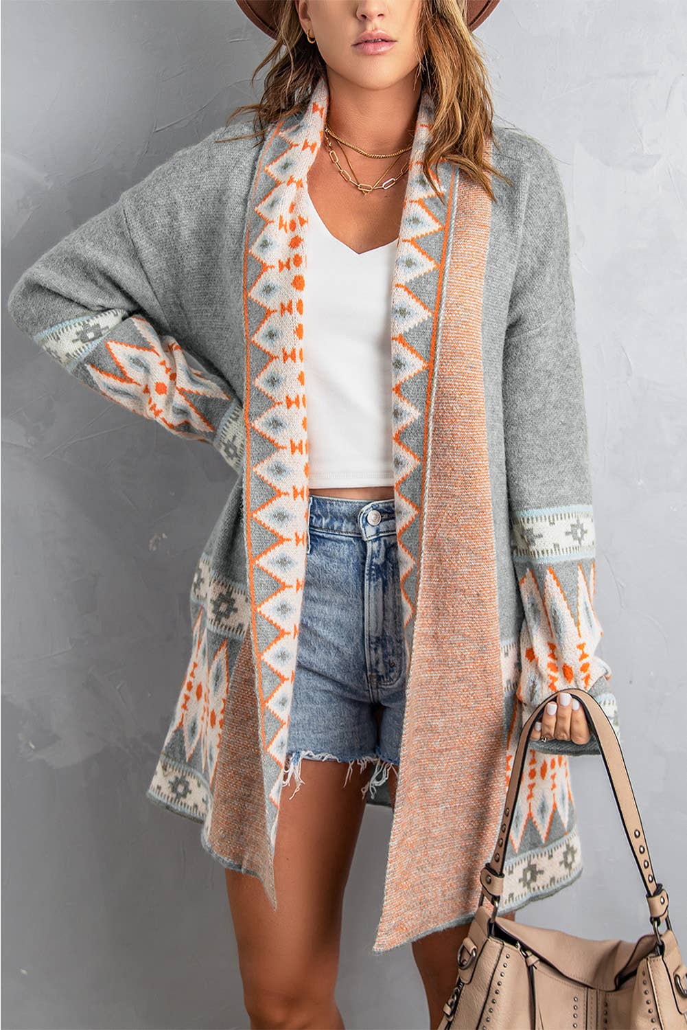 Casual Aztec Print Open Front Knitted Cardigan