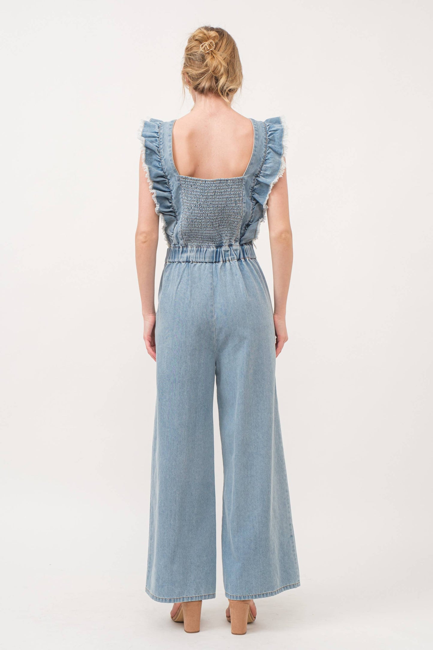 Frayed Ruffled Smocked Back Denim Jumpsuit