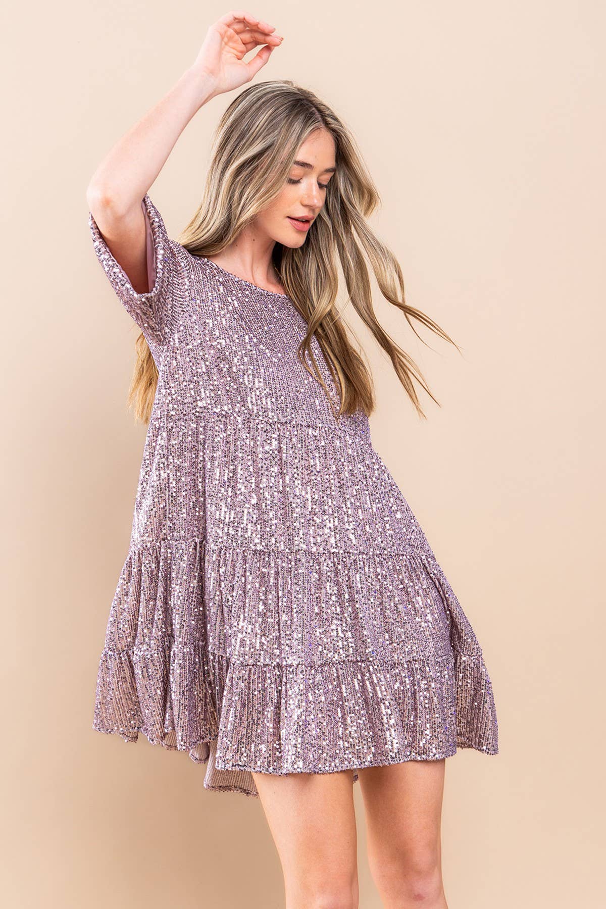 SEQUIN TIERED BABYDOLL DRESS