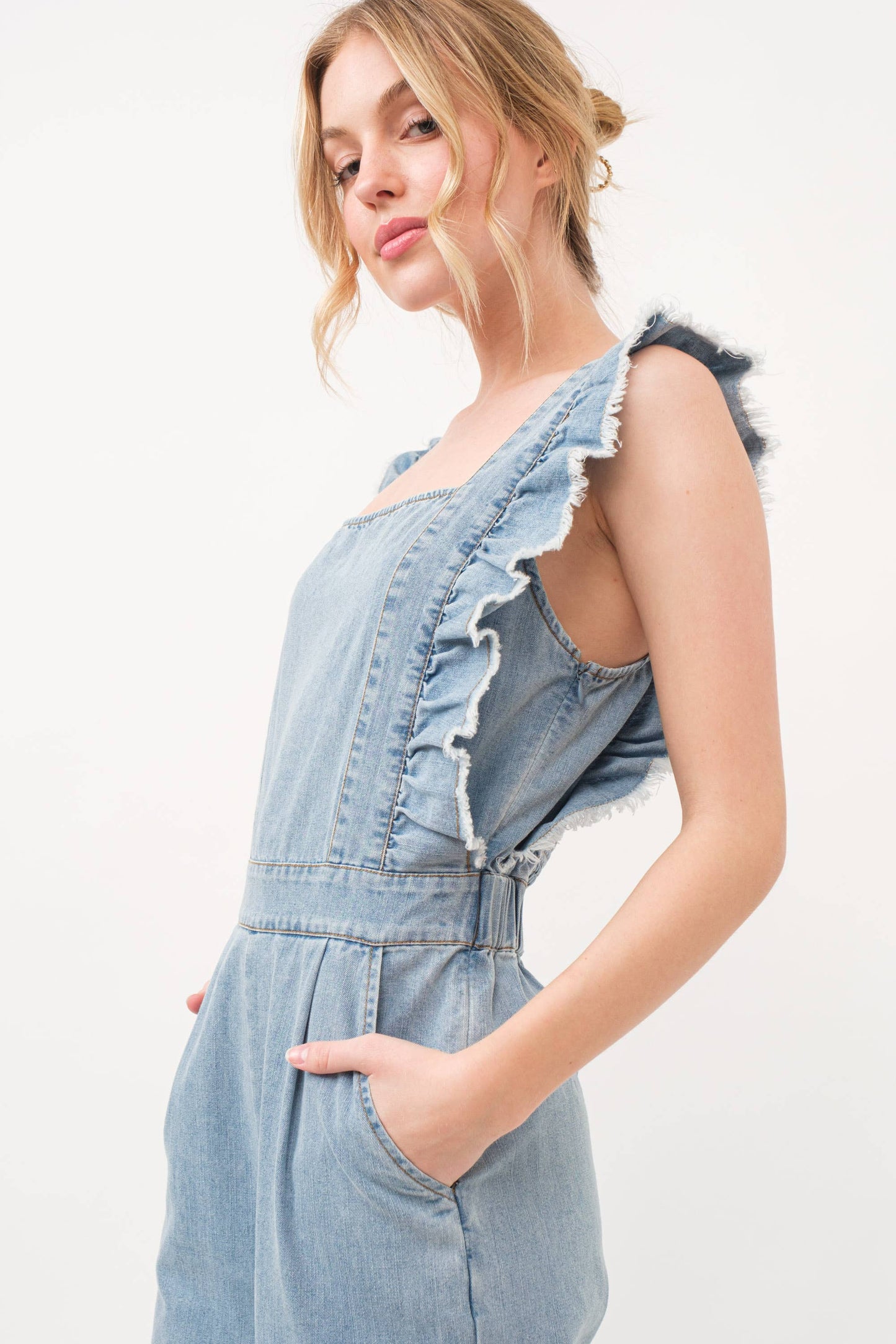 Frayed Ruffled Smocked Back Denim Jumpsuit