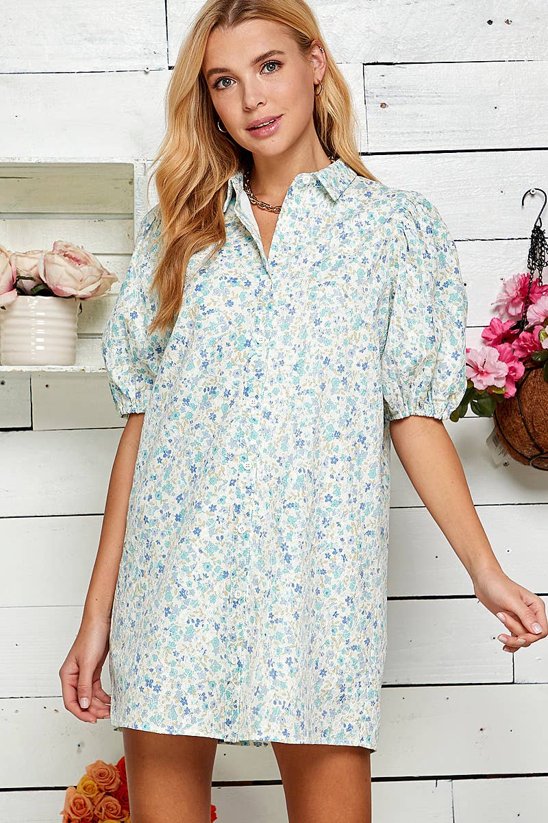 FLORAL TEXTURED BUTTON DOWN DRESS