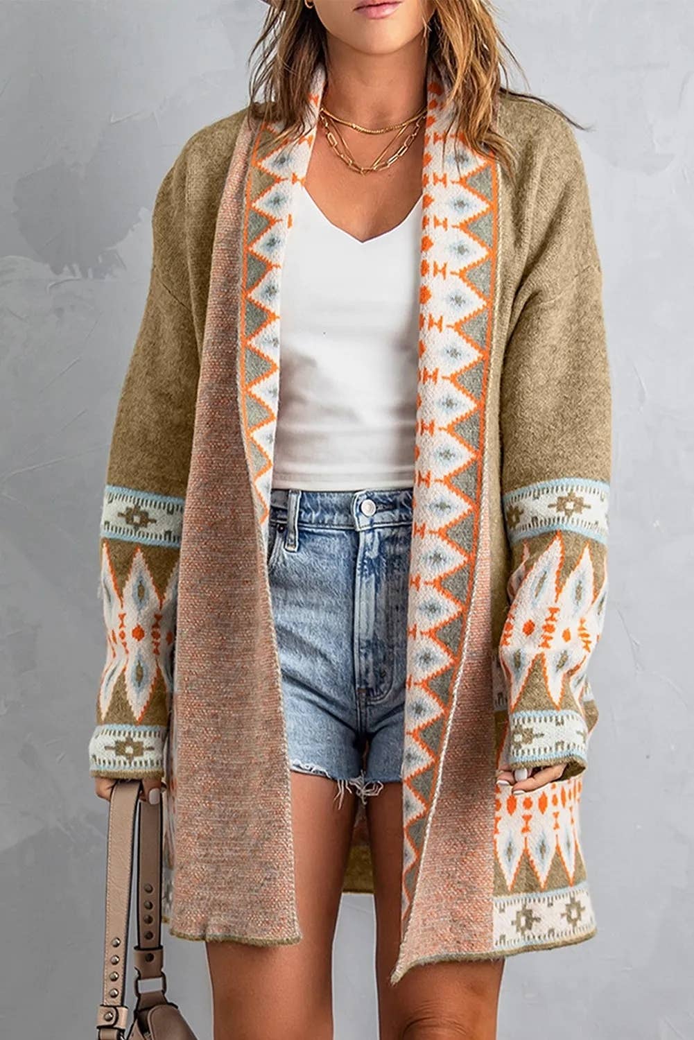 Casual Aztec Print Open Front Knitted Cardigan