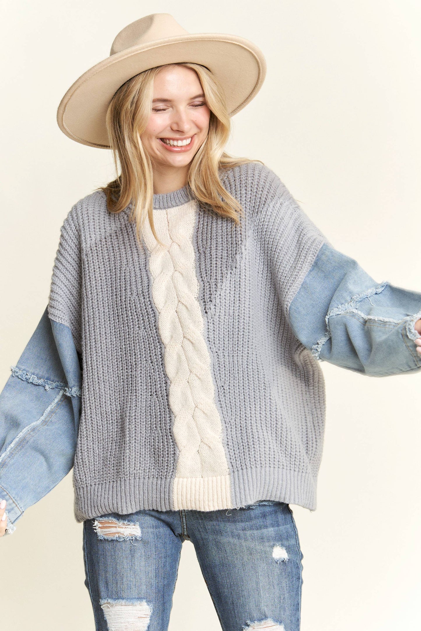 Frayed Denim Colourblock Sweater