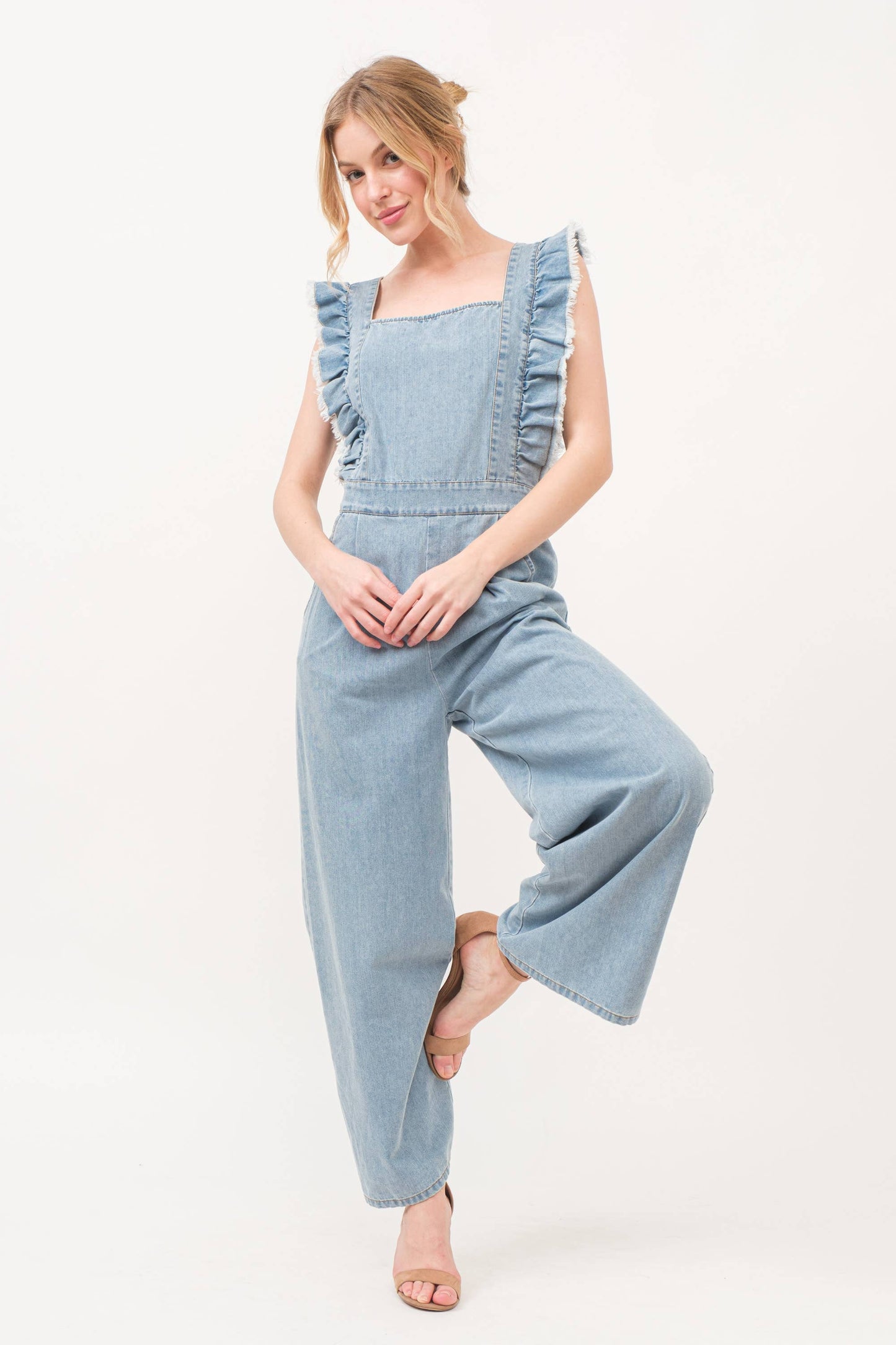 Frayed Ruffled Smocked Back Denim Jumpsuit