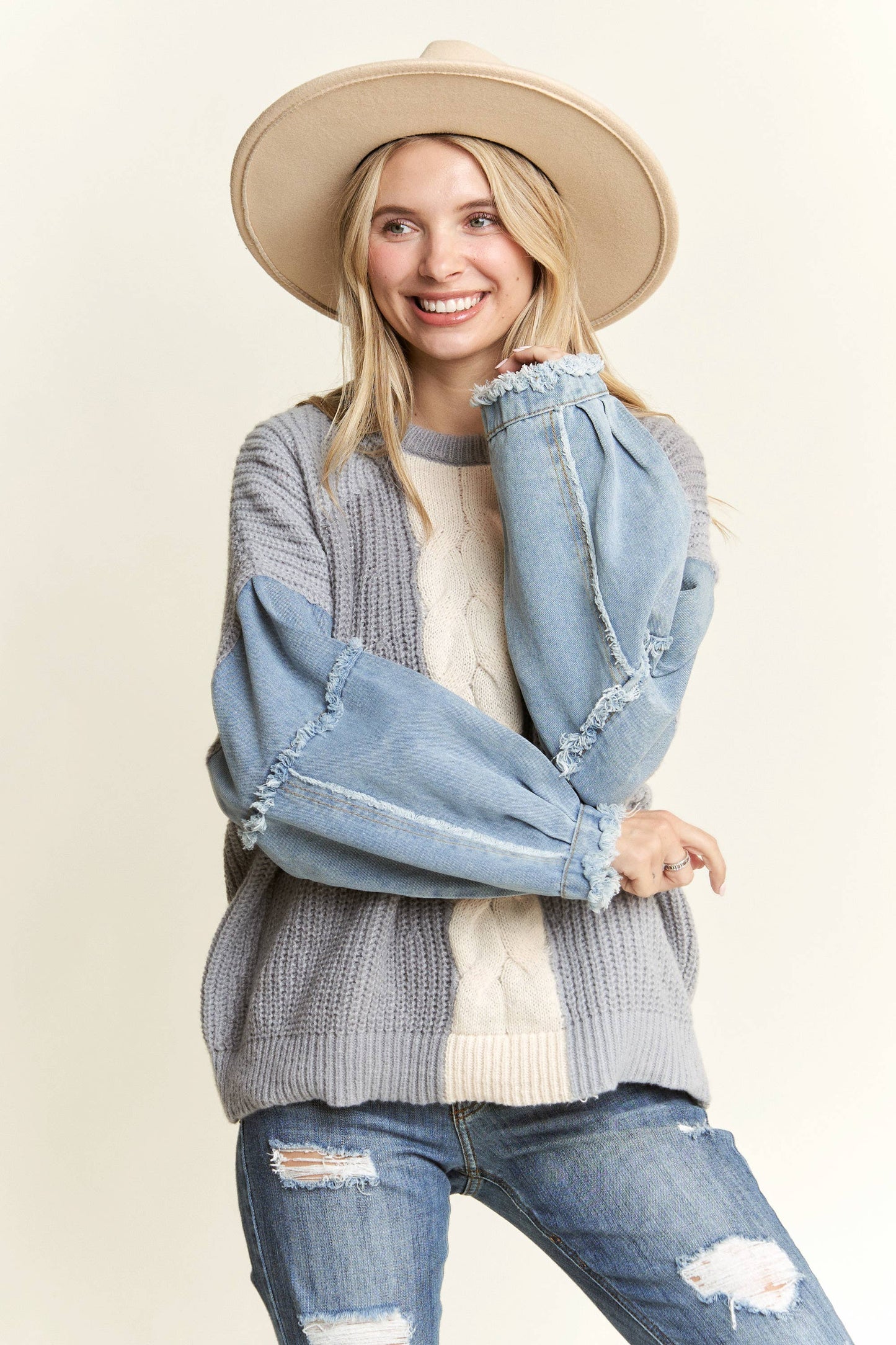 Frayed Denim Colourblock Sweater