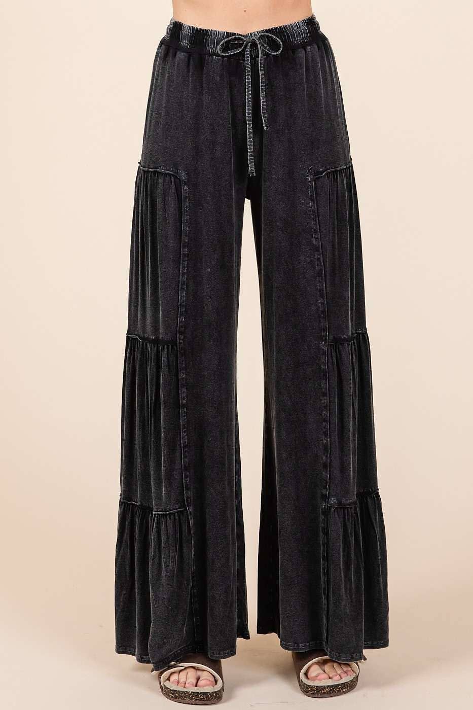 MINERAL WASH TIERED WIDE LEG PANTS