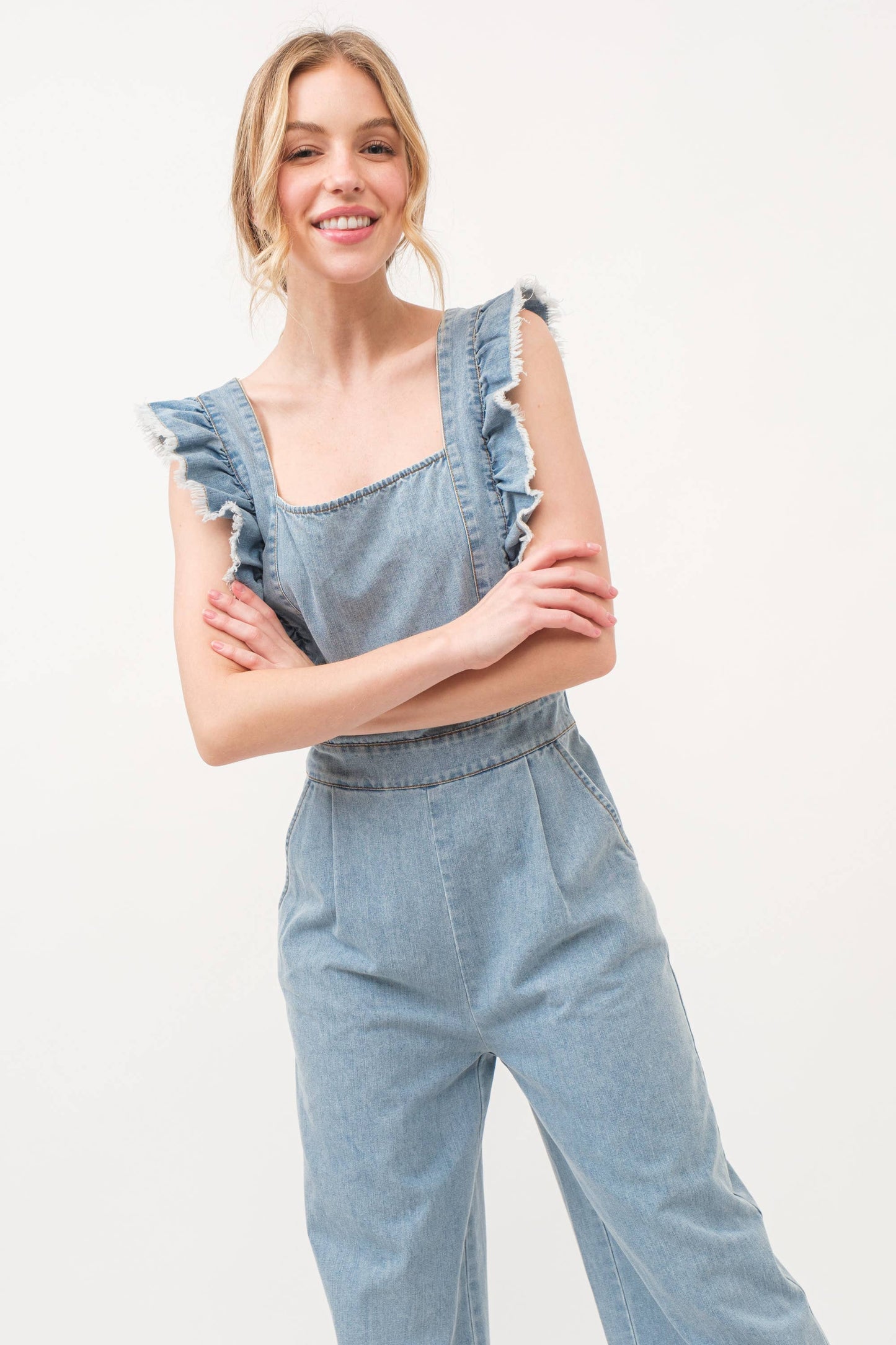 Frayed Ruffled Smocked Back Denim Jumpsuit